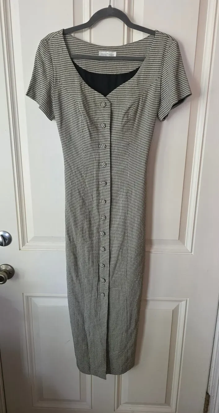Vintage Ann Taylor Houndstooth Midi Dress Size 6 Black White Button Front 90s - Picture 1 of 7
